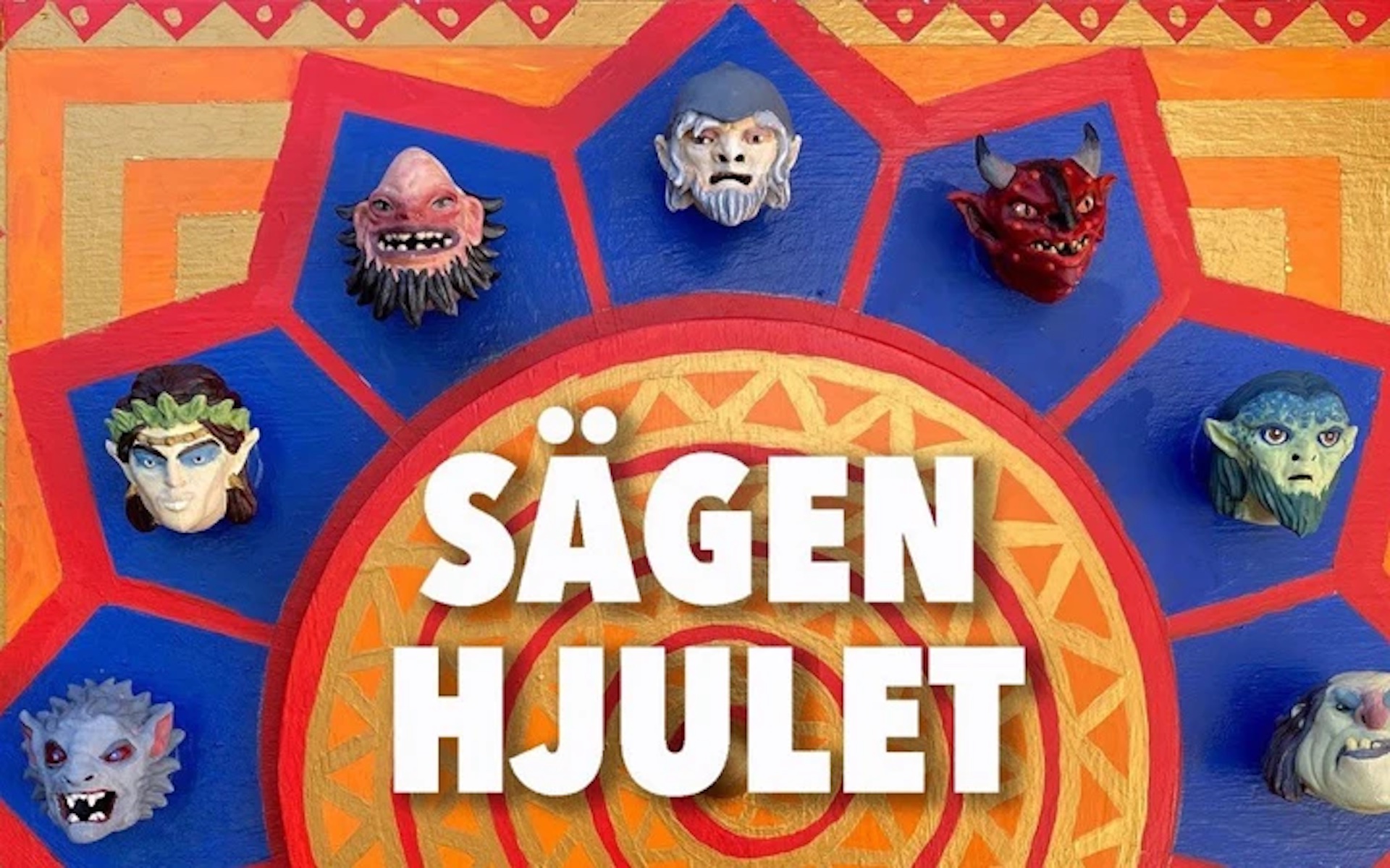 Affisch med masker av mytologiska figurer i kulturprogrammet Sägenhjulet.